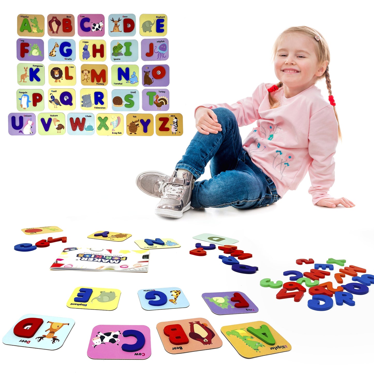 KOKO AROMA Alphabet Flash Cards - Preschool Activities Learning Montessori Toys ABC Wooden Letters Jigsaw Numbers Alphabets Puzzles Flashcards for Age 2 3 4 Years Old (FC-WoodAlpha)