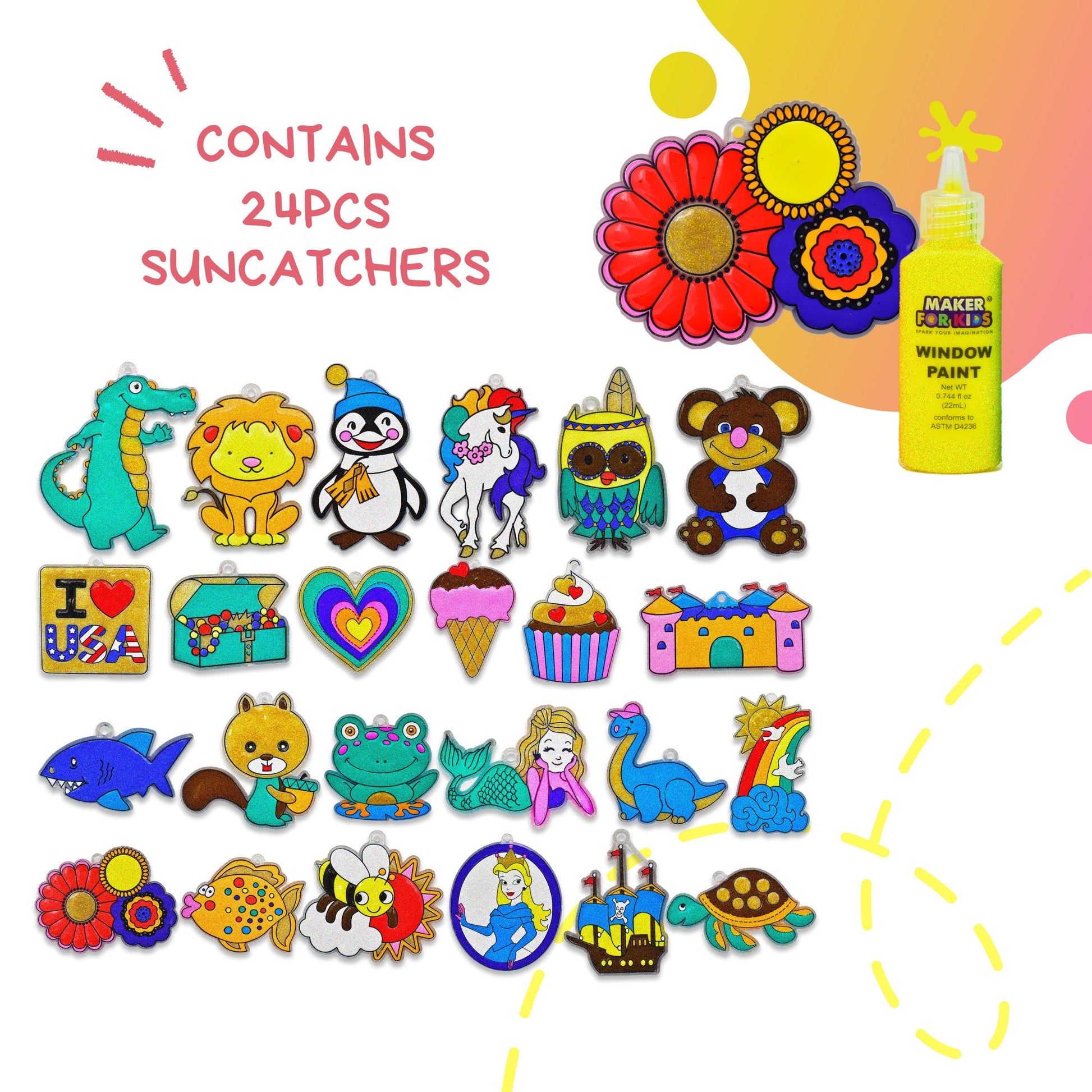 Window Paint Art Stickers Kit Kids – Children’s Make Your Own Fun Suncatchers Set – [24] Sun Catchers, [24] Suction Cups & [11]